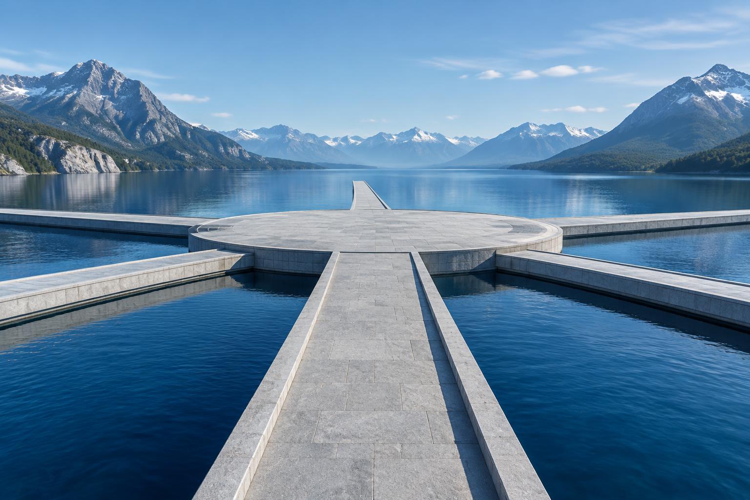 Architectural pathways converging at a shared platform on a mountain lake